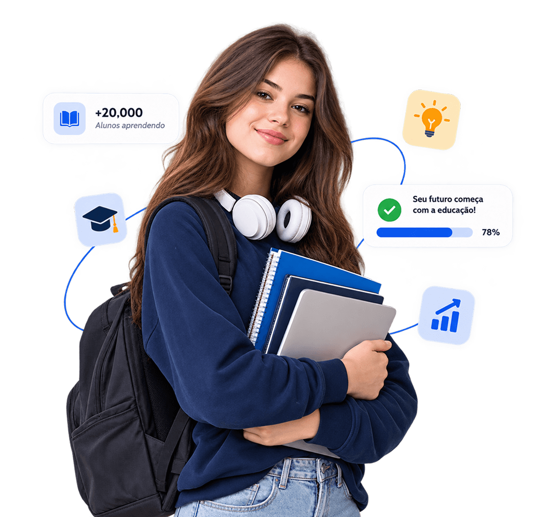 Aluna sorrindo com material escolar e cards ilustrativos de aprendizagem